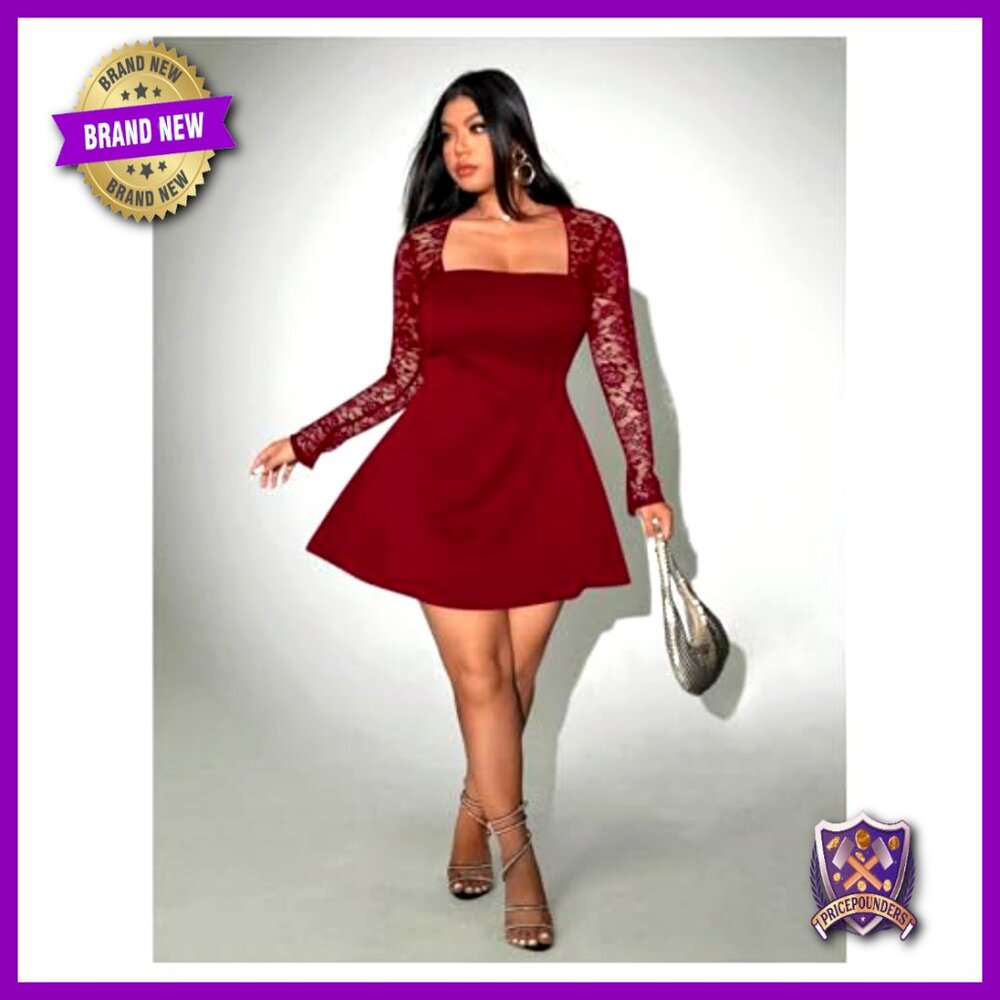 Plus Size Long Sleeve Lace Sheer Square Neck Mini Dress A-Line - Picture 5 of 5